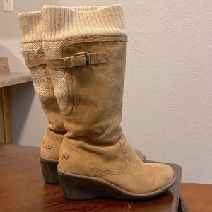Ugg tall suede fleece lined boot with sock top and 2 1/5 inch heel camel color